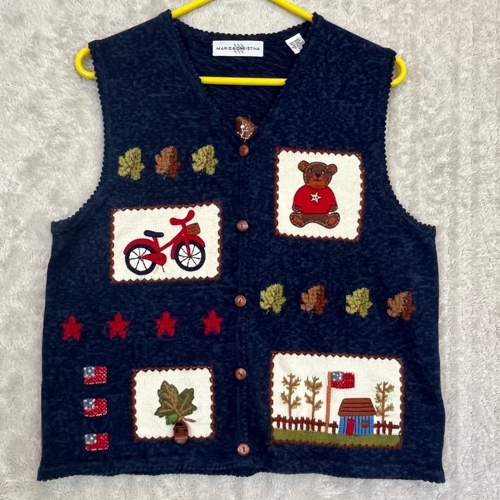 Marisa Christina Fall Wood Button Sweater Vest Sz XL House Bear Bike Leaves Star
